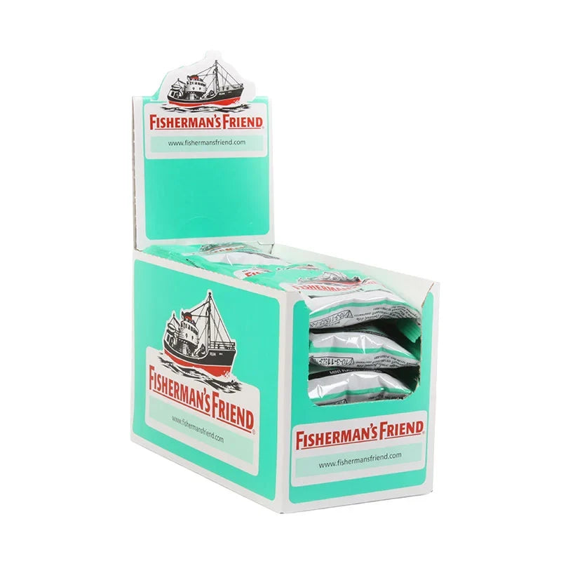 Fisherman's Friend Fisherman Mint snack confectionery in a clear wrapper, featuring mint candies from the FISHERMAN'S FRIEND brand.
