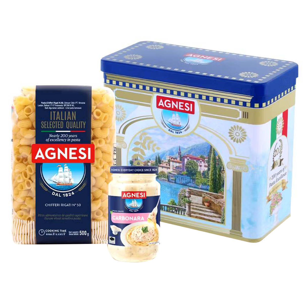 Agnesi Macaroni Carbonara Set featuring packaged pasta and ingredients for Italian-style macaroni carbonara dish.