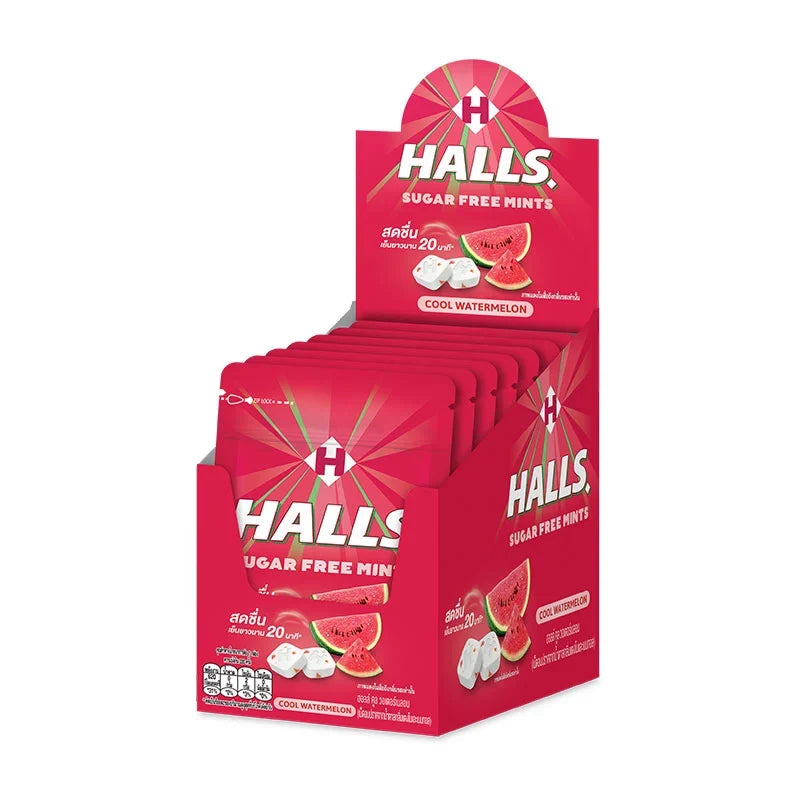 Halls Mint Watermelon Candy in a 15.4g pack, showing colorful watermelon-flavored lozenges for dry grocery and snacks.