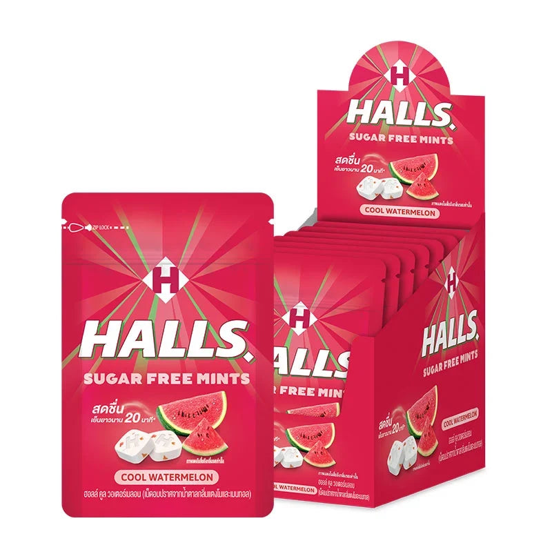 HALLS Mint Watermelon Candy packs, 15.4g x10, showing colorful watermelon-flavored lozenges in clear packaging.