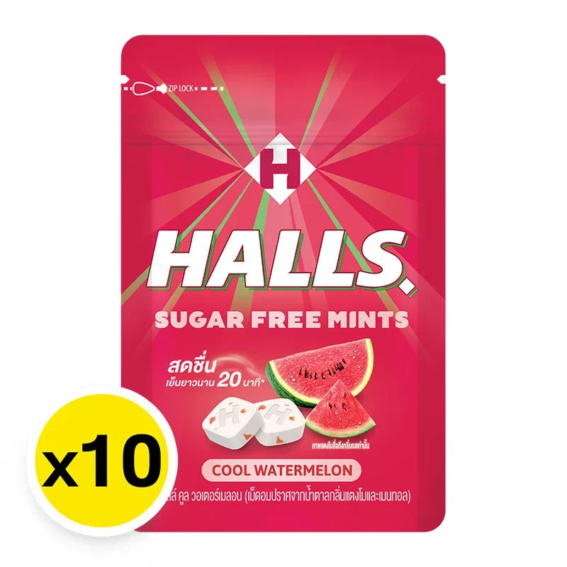 Halls Mint Watermelon candy packs, 15.4g each, featuring colorful watermelon-flavored lozenges in a dry grocery snack bag.