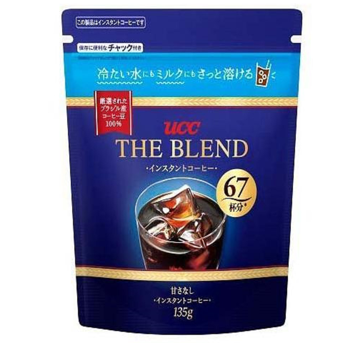 Ucc The Blend No.67 instant coffee drink in a cup, showing rich dark coffee with a frothy top and brand logo.