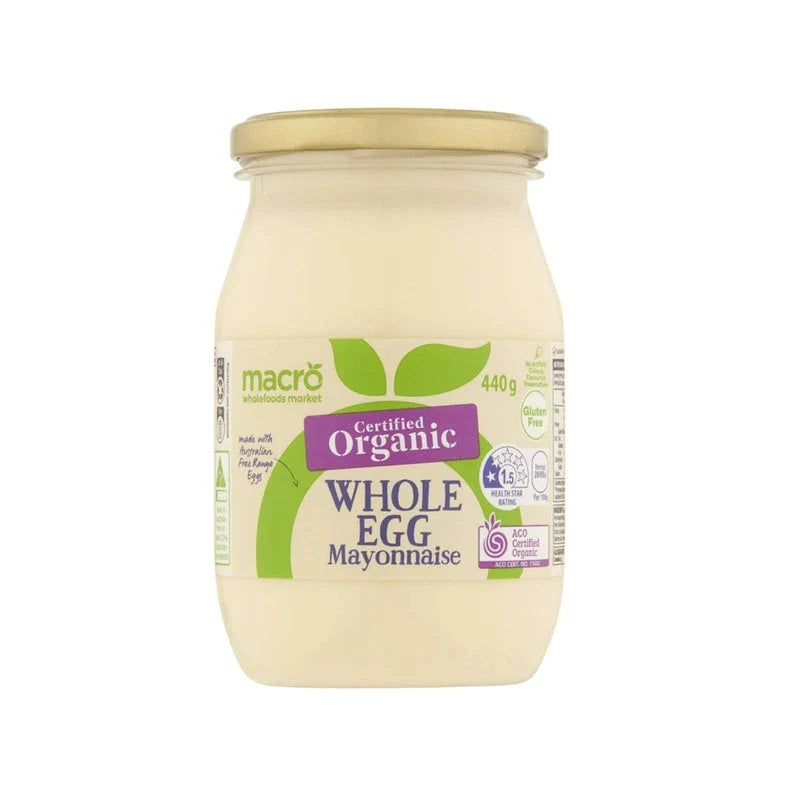 Woolworths Macro Organic Whole Egg Mayonnaise in a jar, made with free-range eggs, suitable for dry grocery use.