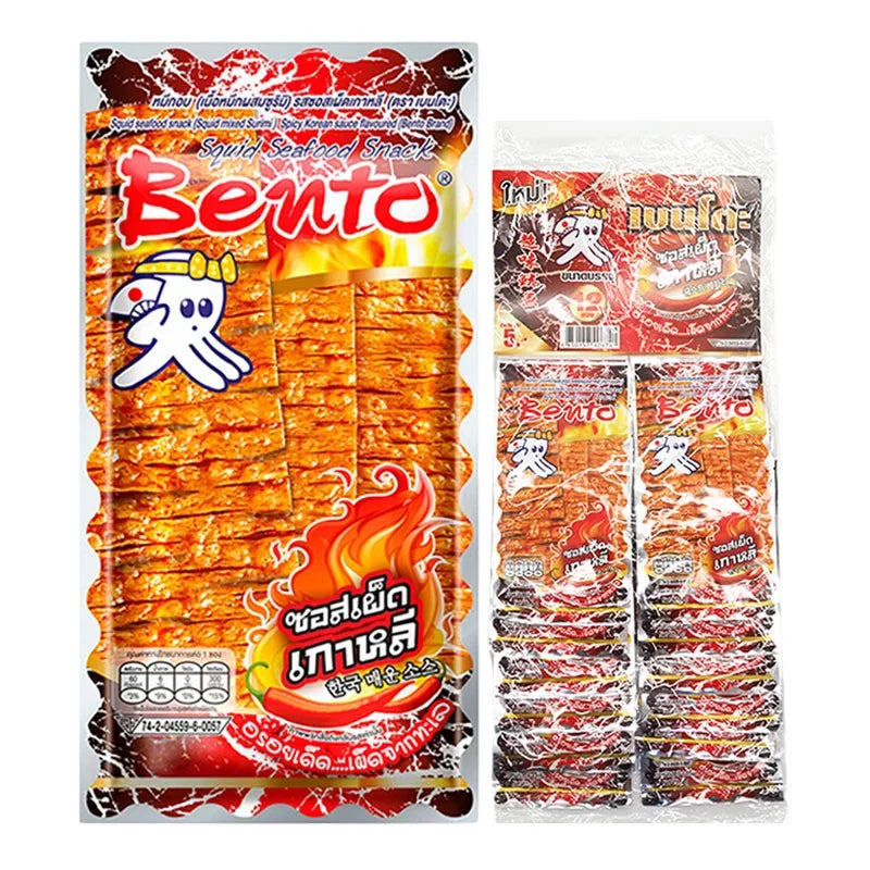 BENTO Bento Squid Seafood Snack in spicy Korean sauce, 4g packet, dry snack confectionery with dried squid and flavorful seasoning.