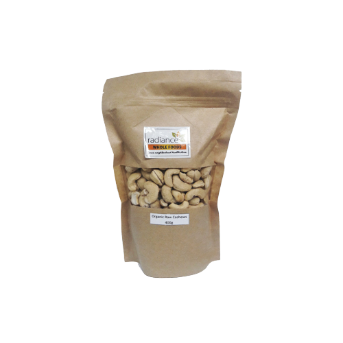 Raw organic cashews from Radiance Wholefoods, packed in a clear resealable bag, perfect for snacking or baking.