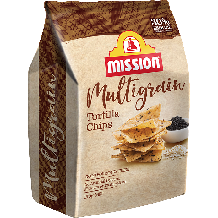 Mission Multigrain Chips in a colorful bag, showcasing crispy multigrain snack chips perfect for snacking and sharing.
