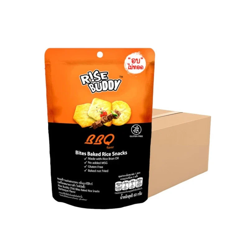 Rise Buddy Crispy Rice Snacks in a clear bowl, showcasing their light, crunchy texture and golden rice confectionery chips.