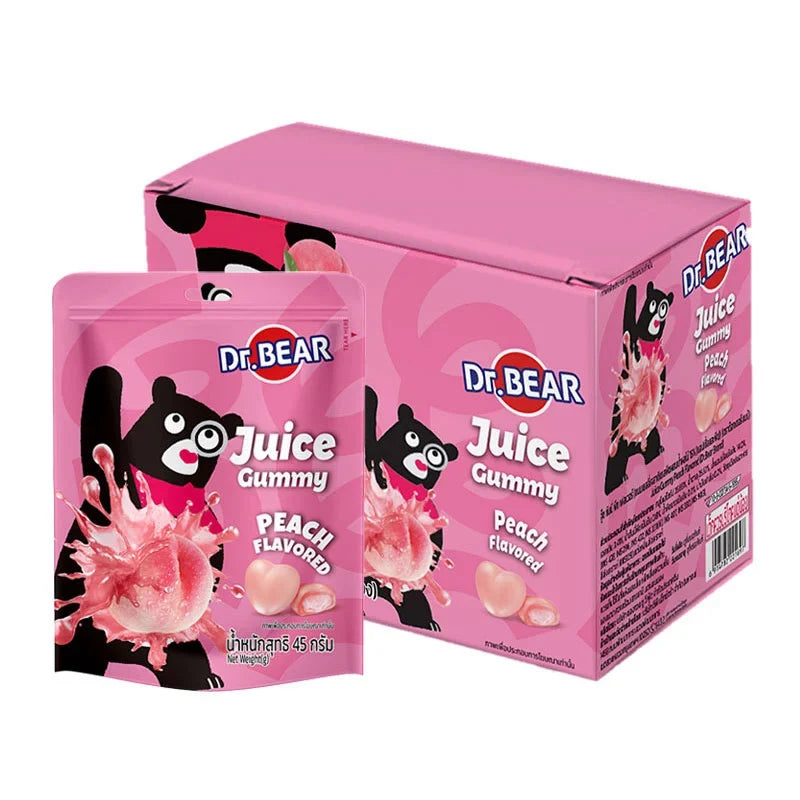 DR.BEAR Peach Gummy candies in a clear bag, showing soft peach-flavored gummy candies inside, 45g x10 pack for snacks and confectionery.
