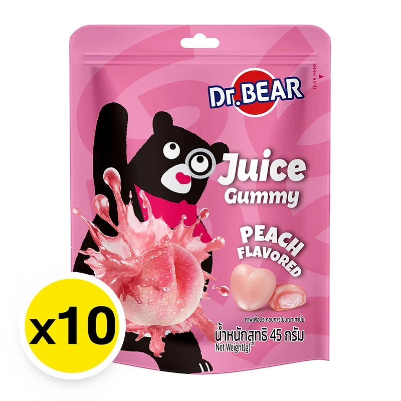 DR.BEAR Peach Gummy snacks in 45g packs, showing colorful peach-flavored gummy candies in clear packaging.