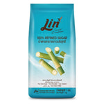 Bag of Lin Refined Sugar from Lin brand, showing white granulated sugar in a clear grocery package.