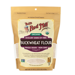 Organic Buckwheat Flour from Bob's Red Mill in a resealable bag, showing the label and product details.
