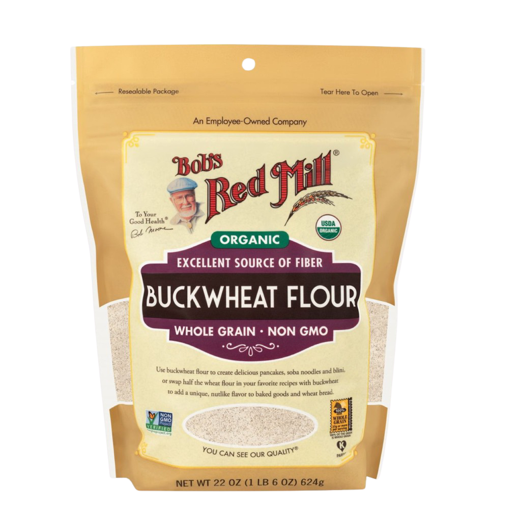 Organic Buckwheat Flour from Bob's Red Mill in a resealable bag, showing the label and product details.