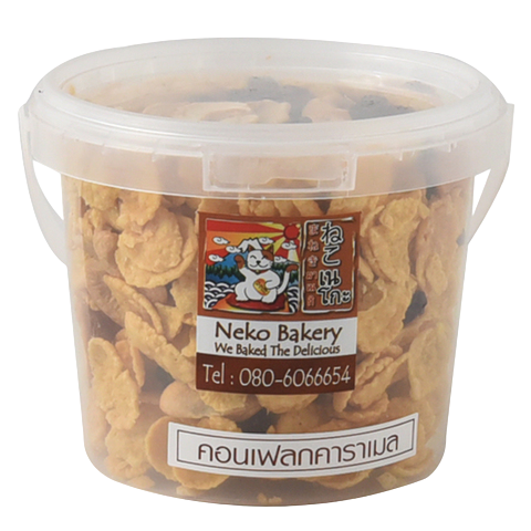 Neko Caramel Cornflake confectionery snack in a close-up image showing crispy cornflakes coated with caramel.