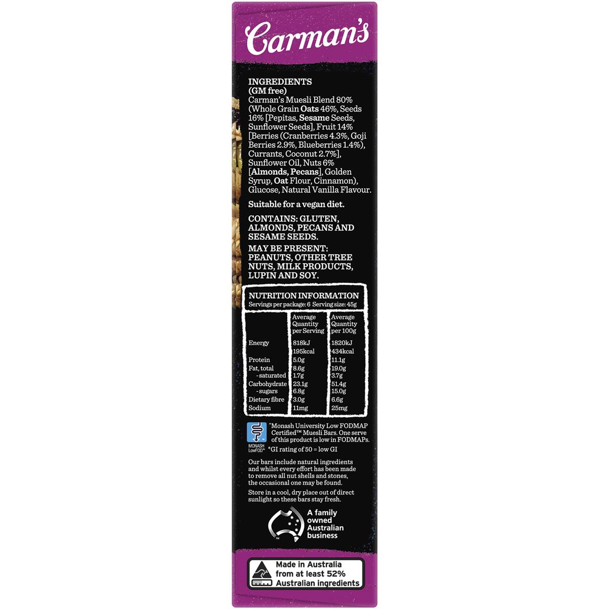 Carman's Super Berry Muesli Bars package showing the healthy snack with berry and oat ingredients in a colorful wrapper