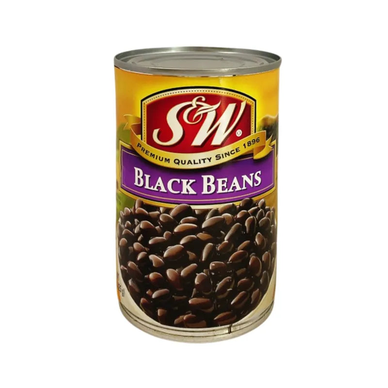 S&W Black Beans 425g dry grocery package showing black beans in a clear bag with branding visible