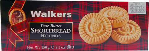 Walkers Butter Shortbread Rounds, golden-brown buttery confectionery snacks with crispy, round shortbread biscuits on a white plate.