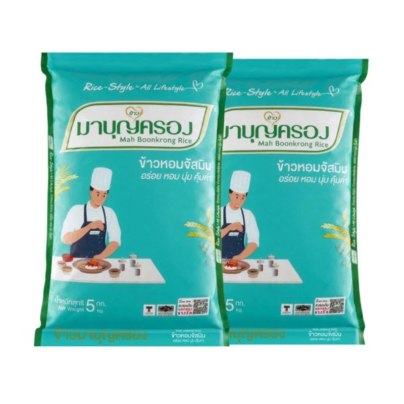Mahboonkrong Jasmine Fragrant Rice 5kg pack, showing a clear image of the dry grocery bag with rice grains visible.
