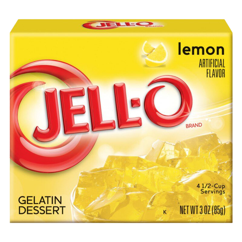 Jell-O Lemon Gelatin Dessert Mix package, bright yellow flavoring for making lemon-flavored gelatin dessert in a grocery setting.