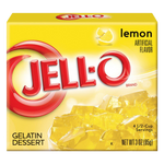 Jell-O Lemon Gelatin Dessert Mix package, bright yellow flavoring for making lemon-flavored gelatin dessert in a grocery setting.