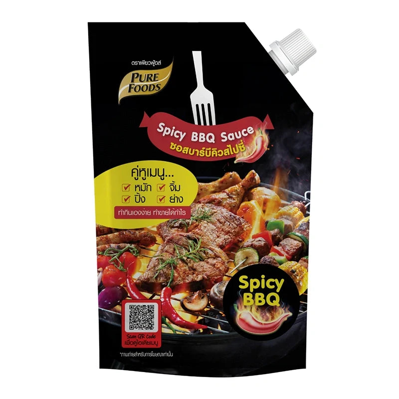 Pure Foods Spicy BBQ Sauce 800g bottle with label showing fiery red and orange design, ideal for grilling and marinades.