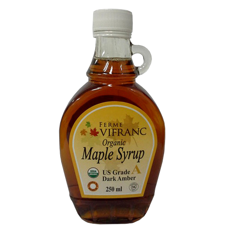 Bottle of Vitranic Organic Maple Syrup with a green label, showcasing the healthy grocery product on a white background.