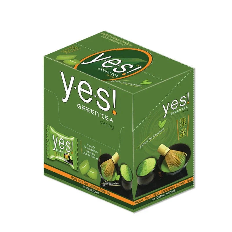 YES! Candy Green Tea snack pack, 36g x12, featuring colorful individually wrapped green tea flavored confectionery in a clear display.