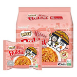 Samyang Buldak Rose Ramen 140g instant dry noodles in a bowl with spicy pink sauce, ready to eat.