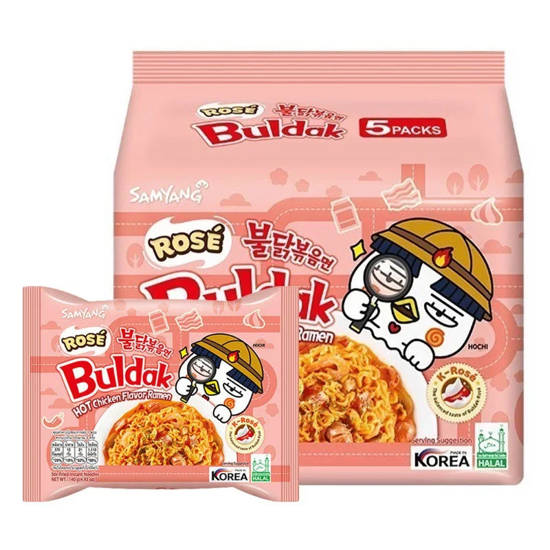 Samyang Buldak Rose Ramen 140g instant dry noodles in a bowl with spicy pink sauce, ready to eat.