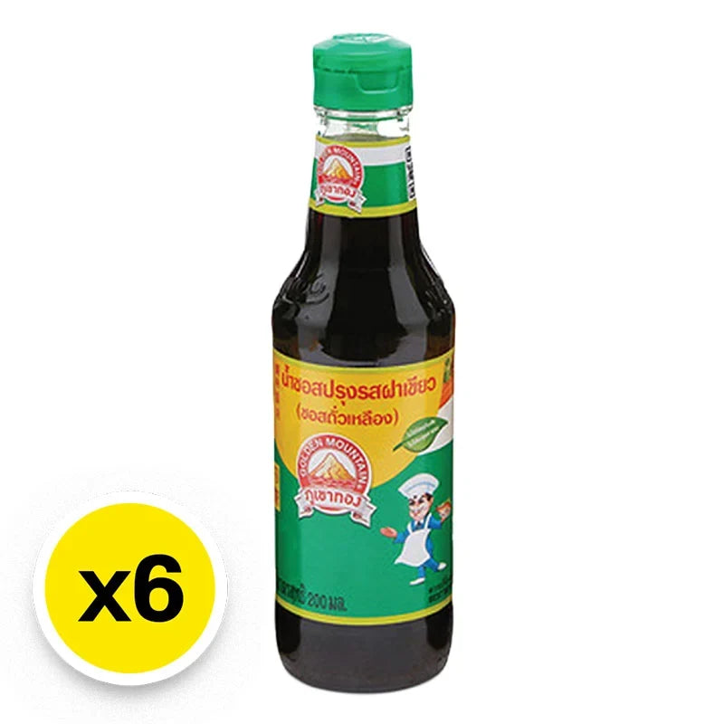 Golden Mountain seasoning sauce with green cap in 200ml bottles, shown in a pack of six for Asian cooking flavor.