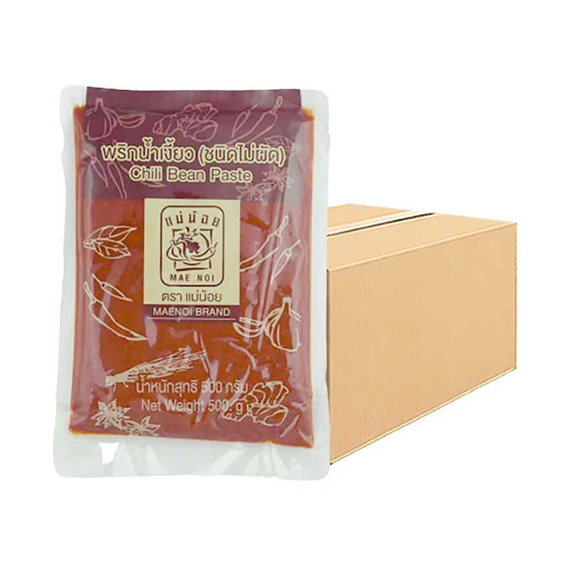 Mae Noi Chili Bean Paste 500g jar, dry grocery product, showing the colorful label and glass jar with red chili bean paste.