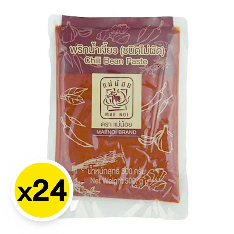 MAE NOI Chili Bean Paste 500g jar, shown with label and lid, in a dry grocery setting, for authentic Asian cooking ingredients.