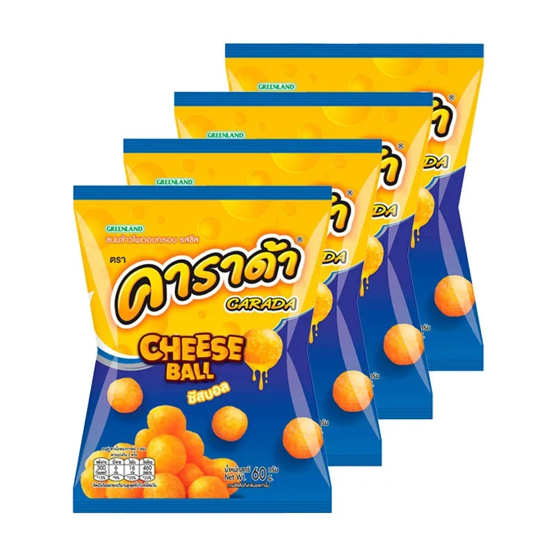 Carada Cheese Ball snacks, 60g x 4 packs, dry grocery snack with cheese flavor, in colorful packaging.