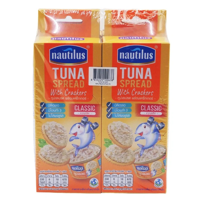 Nautilus Tuna Spread with Crackers, 85g x4, savory canned tuna spread served with crispy crackers in a dry grocery product image.