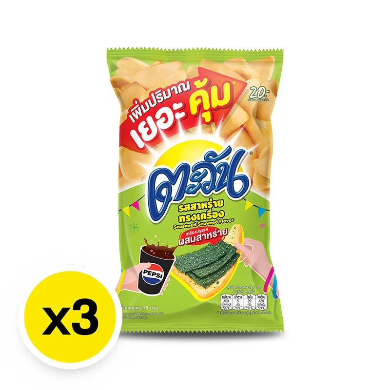 Tawan seasoned tapioca chips with seaweed flavor in a 75g pack, shown in a three-pack dry grocery snack image.