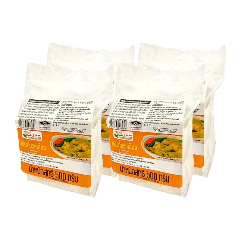 Bangkok Noodle Plain Yellow Wonton noodles, 500g packs, dry grocery product with four packages in the image.