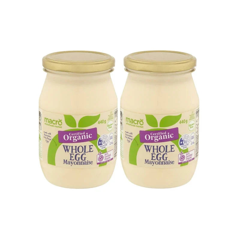 Woolworths Macro Organic Whole Egg Mayonnaise jar, creamy and smooth, with label showing free-range eggs and organic ingredients.