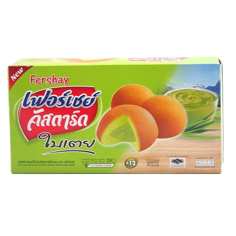 Fershay Cake Pandan 17g, dry grocery snack, showing green pandan-flavored cake slices in a clear package.