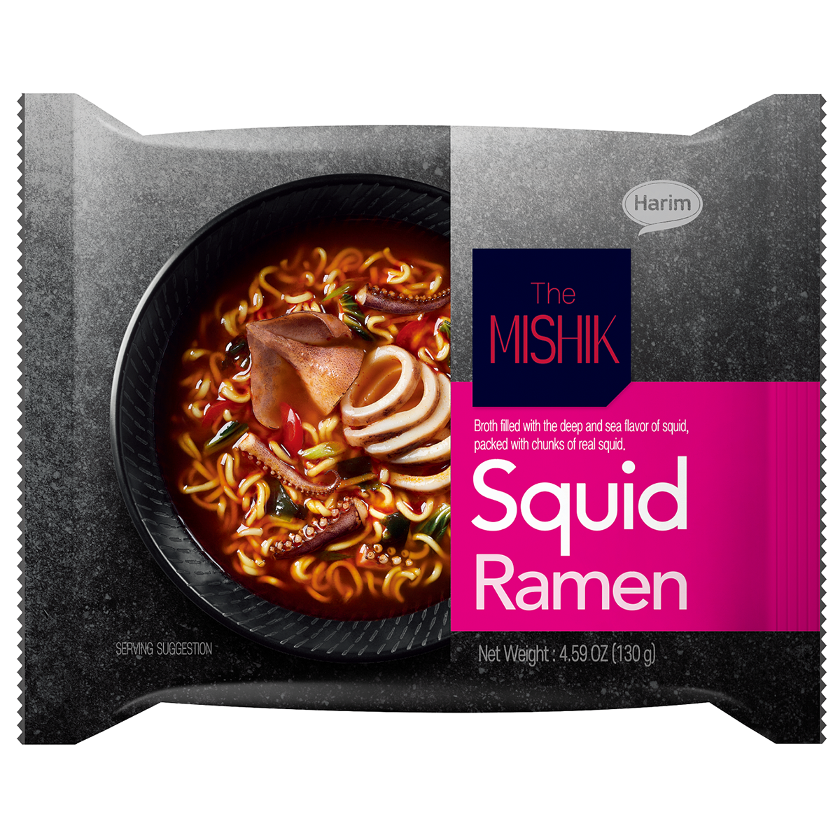 Fresh Harim The Mishik Squid Ramen pack with steaming noodles and squid pieces, showcasing the flavorful Asian grocery product.
