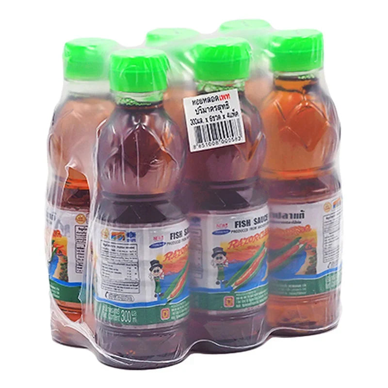 Razorclam Fish Sauce 300ml bottle, part of 6-pack, used in Asian cooking, with clear label and dark liquid inside the bottle.