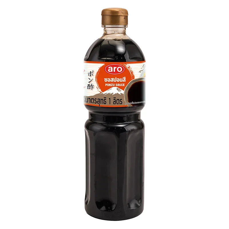 ARO Ponzu Sauce 1L bottle for dry grocery, featuring the clear liquid inside a transparent plastic container with a label.