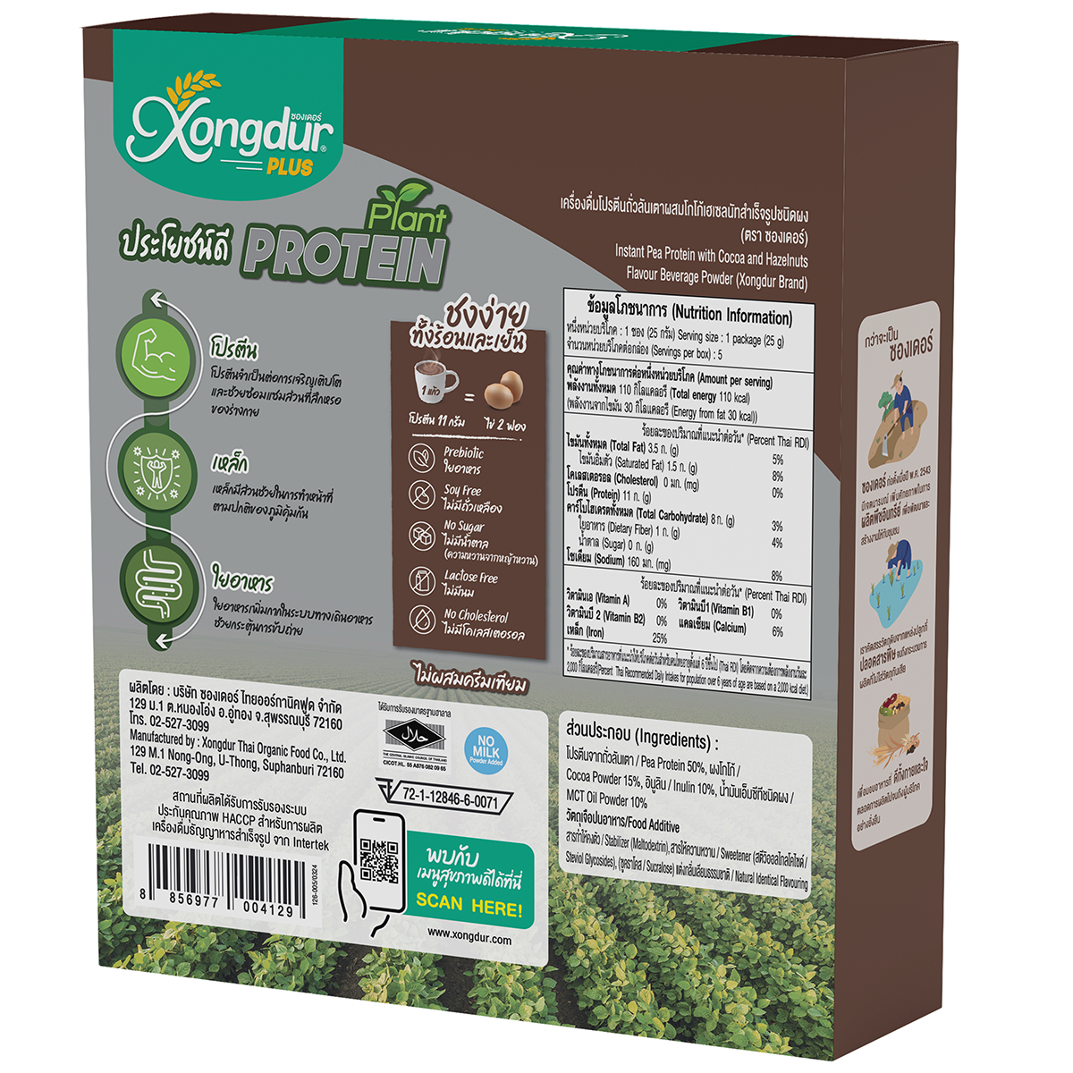 Xongdur instant pea protein drink with cocoa and hazelnuts in a glass, showing a creamy, chocolate-flavored beverage.
