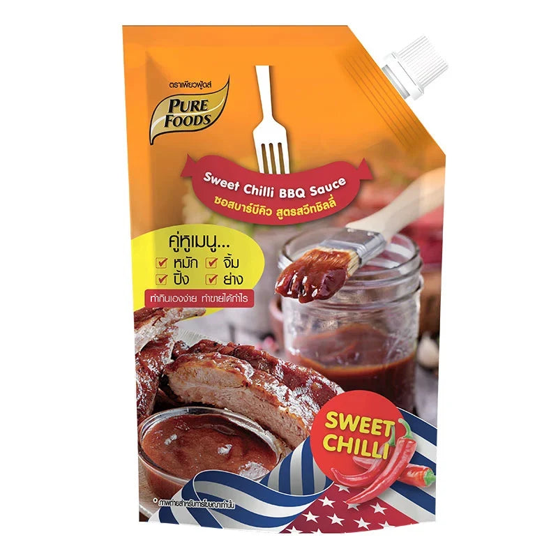 Pure Foods Sweet Chilli BBQ Sauce in 800g bottle, ready for grilling and dipping, with vibrant red chili and sweet sauce visible.
