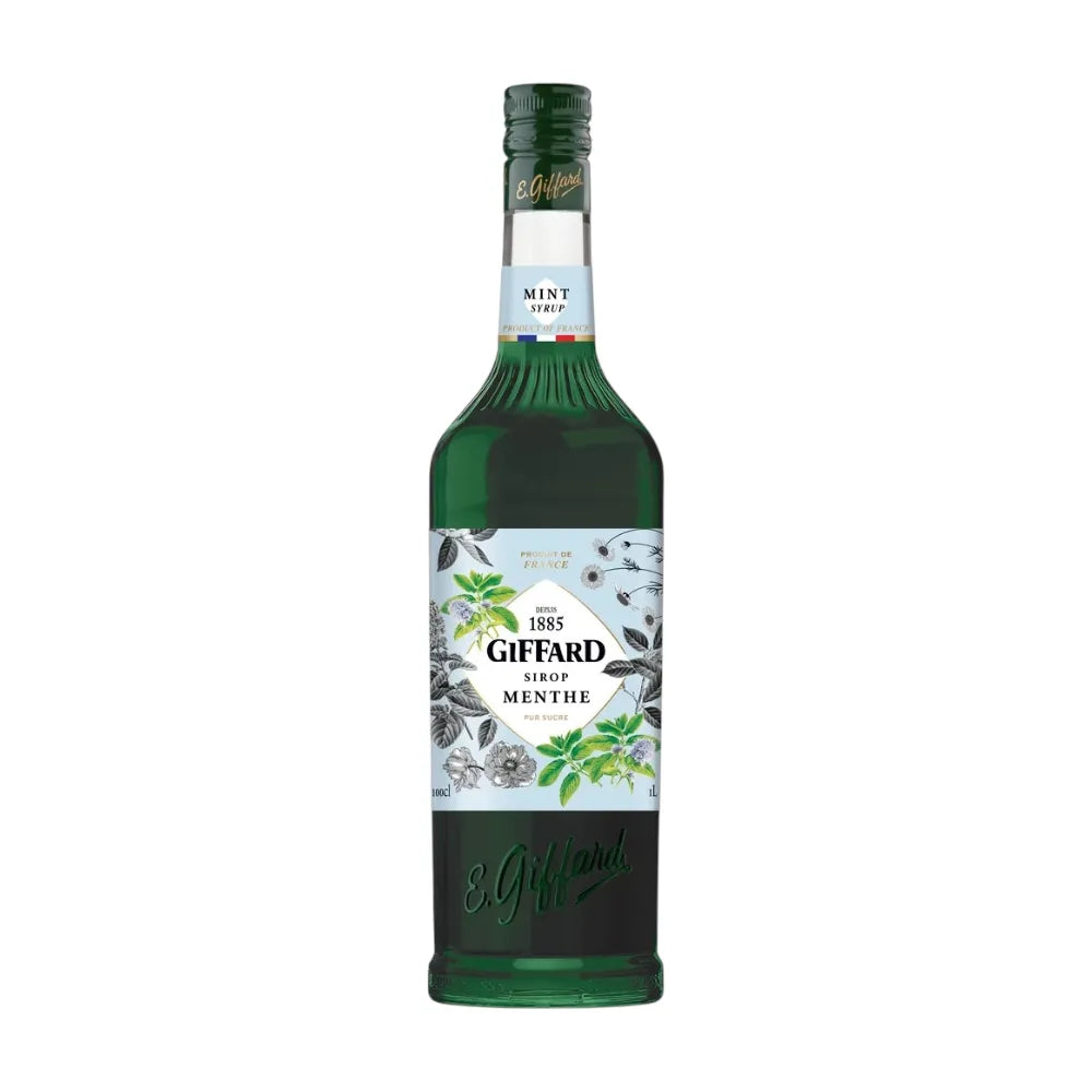Giffard Mixology Mint 1L bottle for cocktails and beverages, featuring fresh mint flavor in a clear plastic bottle.