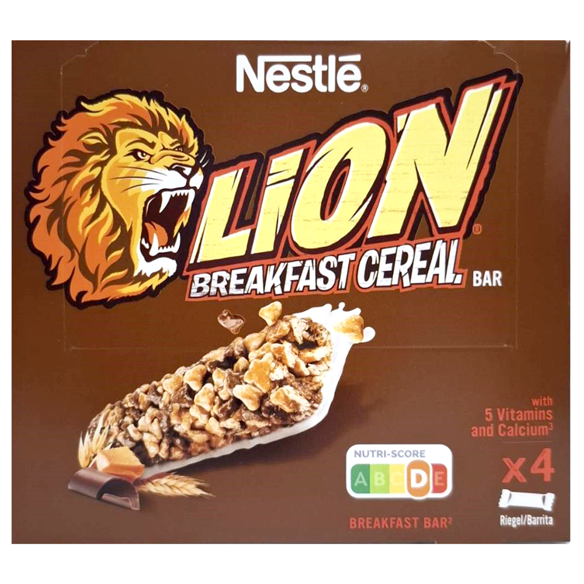 Nestle Lion Breakfast Cereal Bar, a packaged snack with chocolate and cereal ingredients, showing the bar's wrapper and branding.