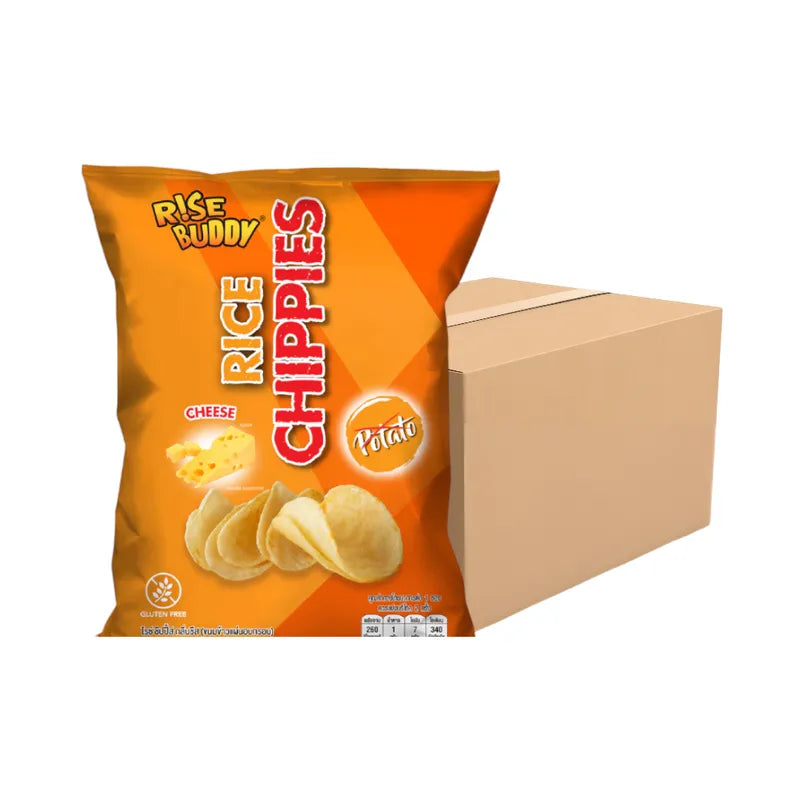 Rise Buddy Rice Chippies 4-pack of dry snack snacks, crispy rice chips in a colorful package.