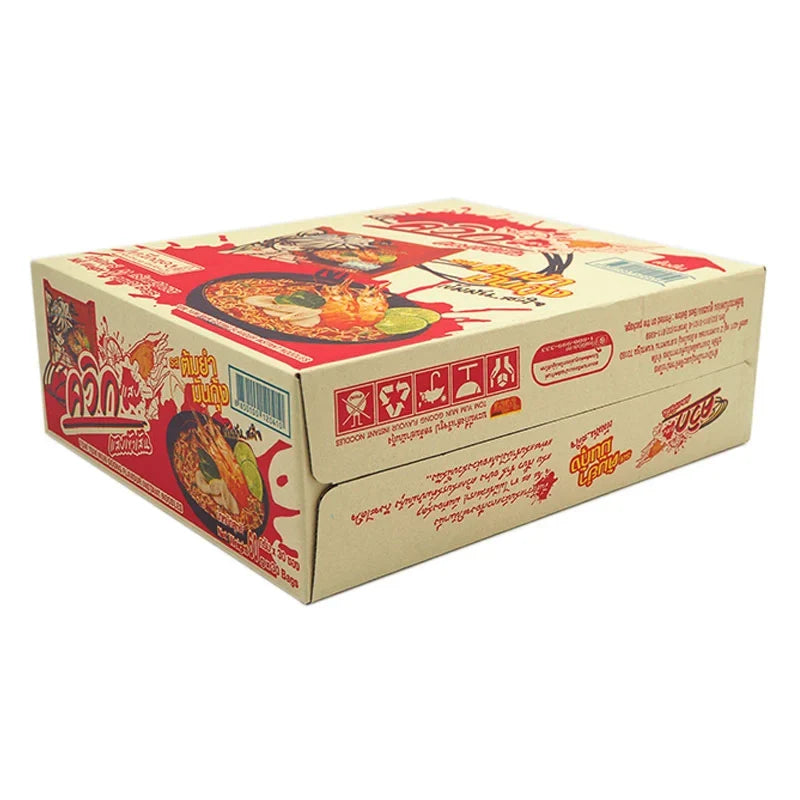 Quick Instant Noodle Tom Yum Mun Kung 60g, dry grocery pack of 30, featuring spicy Thai flavor with shrimp and herbs.