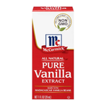 Bottle of McCormick Pure Vanilla Extract for baking, featuring clear labeling and a dark amber liquid inside.