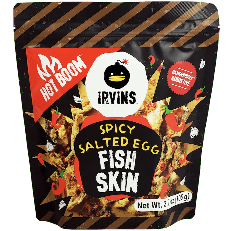 Irvins Fish Skin Salted Egg Spicy snack showing crispy fish skin coated in salted egg and chili seasoning.