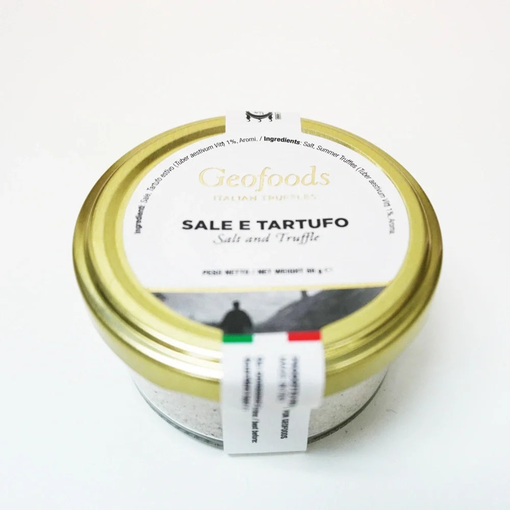 GEO Foods Salt and Truffle 50g jar with white salt and black truffle pieces in a clear container for dry grocery use