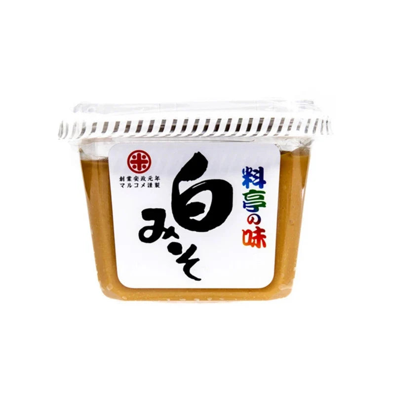 Marukome Ryotei No Aji Shiro Miso white soybean miso in a dry grocery package, traditional Japanese fermented soybean paste
